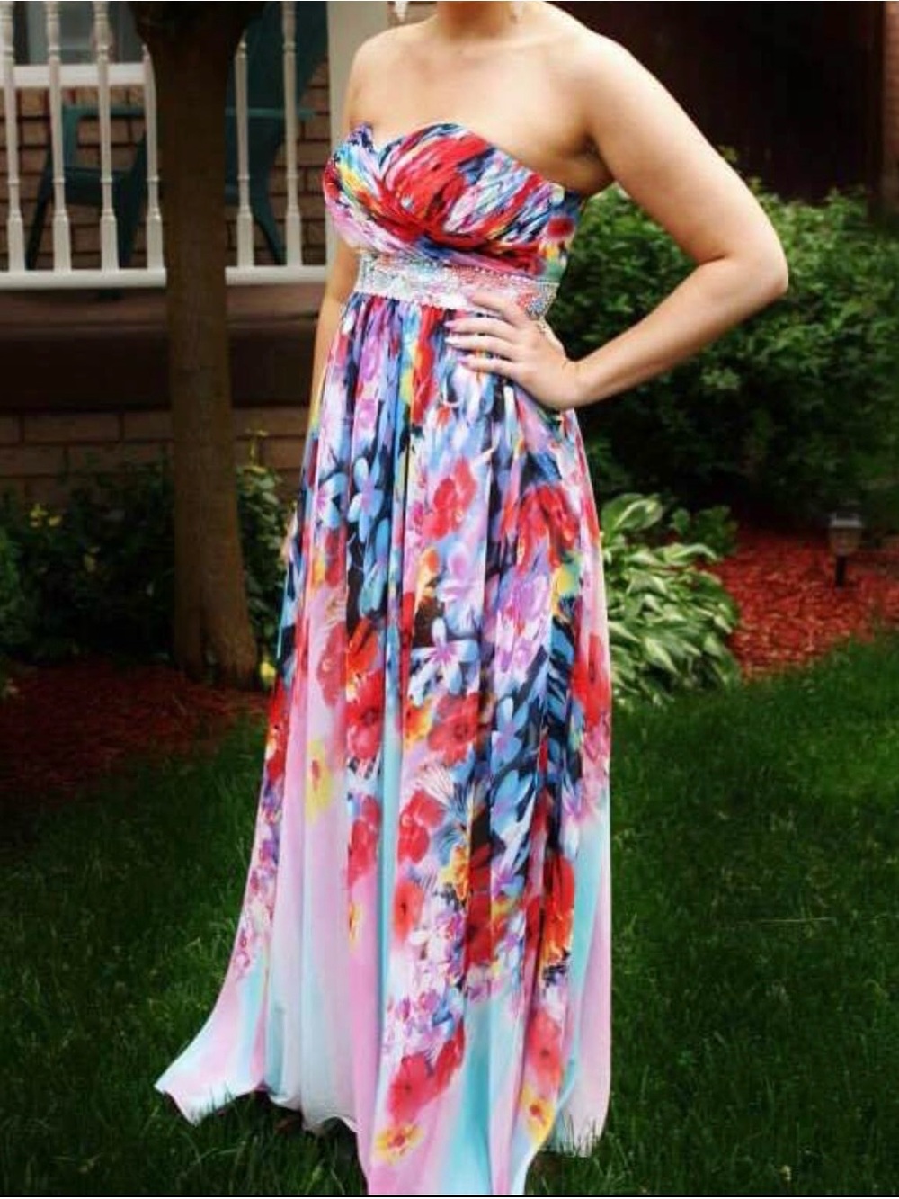 Strapless Floral Chiffon Prom Dress - Multicolor